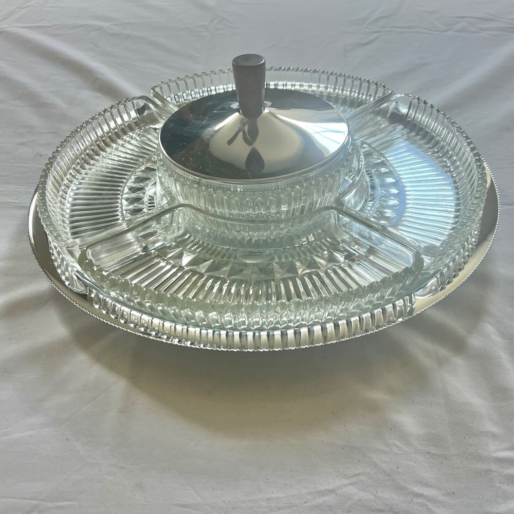 Vintage Kromex Lazy Susan Chrome Glass Revolving Serving Tray Set 3504-21 USA